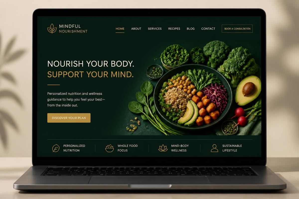 Mockup of the Mindful Nourishment website on a laptop, with bottle-green design and gold accents for food and wellbeing