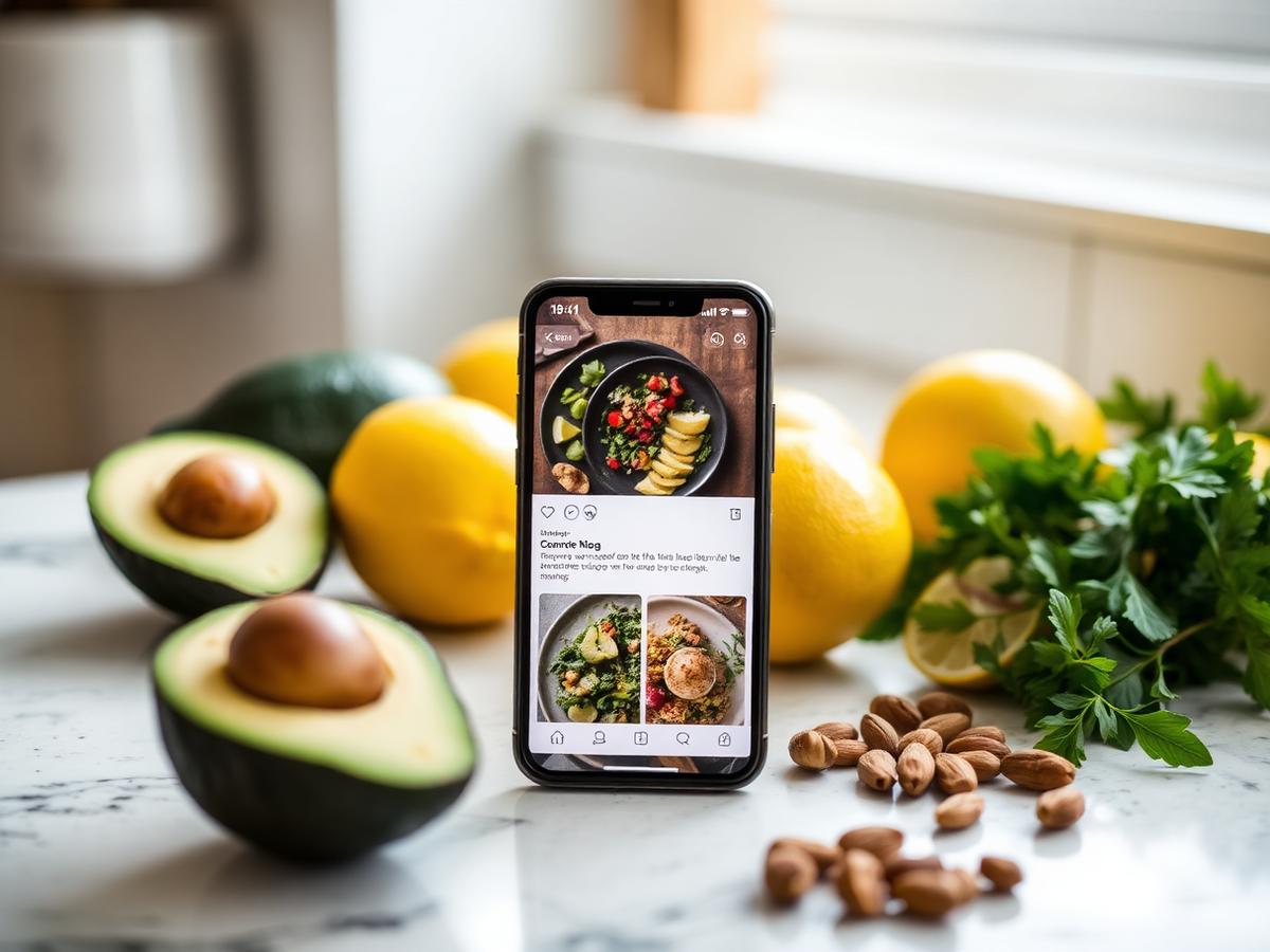 Phone showing a food blog next to avocados, lemons, herbs and nuts on a marble counter
