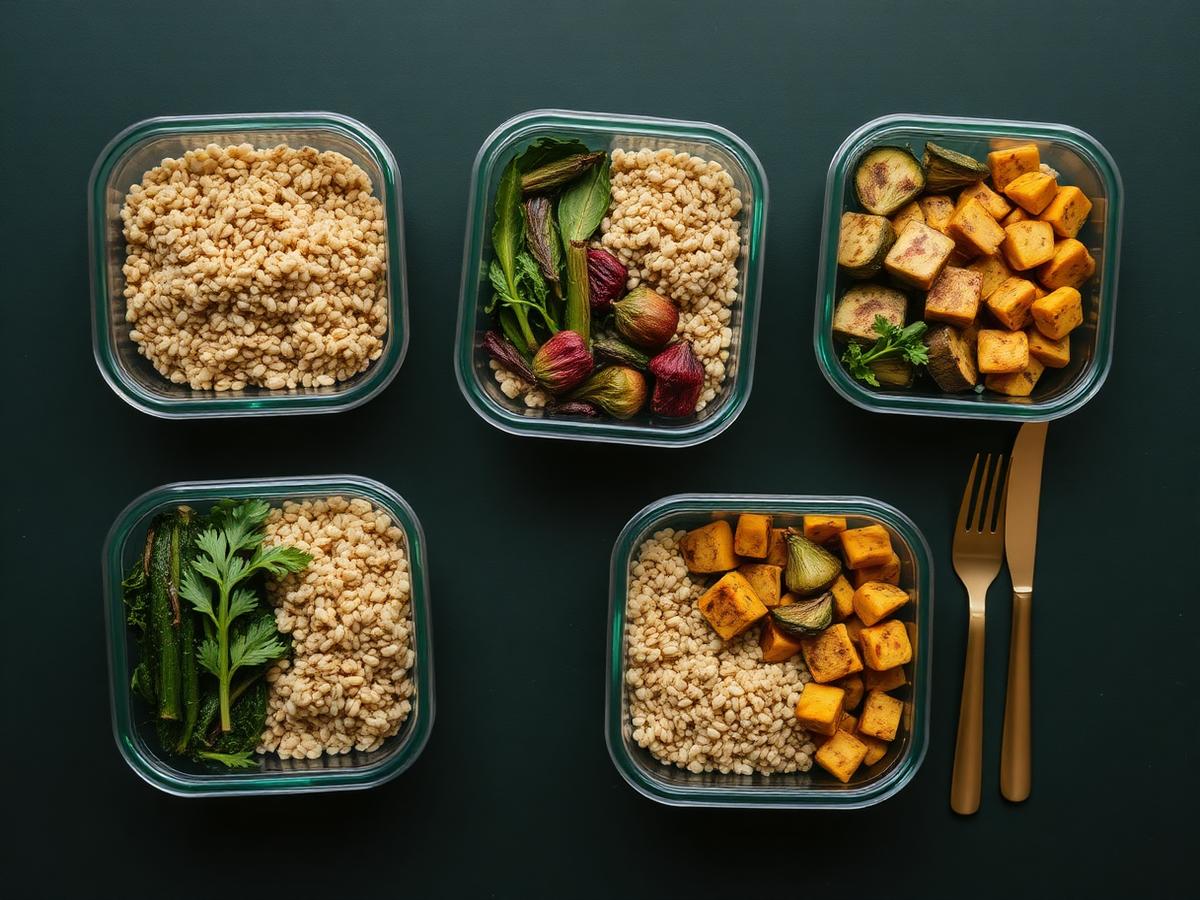 Meal-prep containers with grains, roasted vegetables and greens on a dark green surface